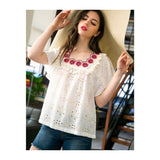Off White Textured Eyelet Top with Magenta Scalloped Embroidery