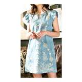 Light Blue Embroidered Shift Dress with Flutter Sleeves