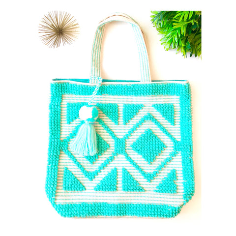 Turquoise & White HAND LOOMED Textured Oversized Beach or Travel Tote
