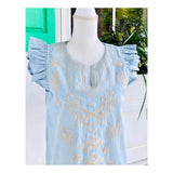 Light Blue Embroidered Shift Dress with Flutter Sleeves