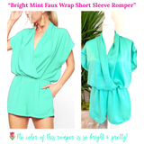 Bright Mint Faux Wrap Short Sleeve Romper with Pockets