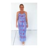 Blue Stripe Maxi Dress with Poppy Red EMBROIDERY