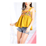 Yellow Pinstripe Floral EMBROIDERED Tie Shoulder Peplum Top
