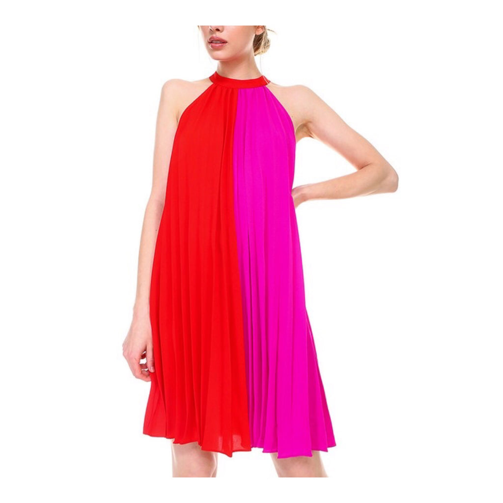 Red & Magenta Pleated Halter Dress with Bow Back - James Ascher