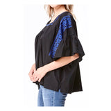 Black & Royal Blue Embroidered Bell Sleeve Peasant Top