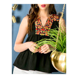 Black & Multicolor Embroidered Sleeveless Peplum Top