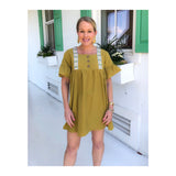 Moss Green Embroidered Bell Sleeve Babydoll Dress
