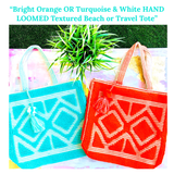 Bright Neon Orange & White HAND LOOMED Textured Oversized Beach or Travel Tote