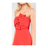 Poppy Red Bow Front Romper with Banded Waist & Peekaboo Back