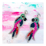 Rhinestone & Pink Blue Green Beaded Parrot Earrings