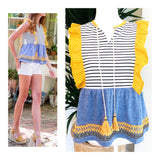 Blue Yellow Embroidered Contrast Stripe Ruffle Sleeve Babydoll Top with Tassel Ties