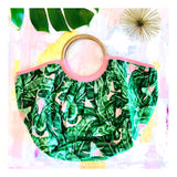 Troop Palm Springs Pink & Green Palm Leaf Shirred Tote Bag with Wooden Top Handle