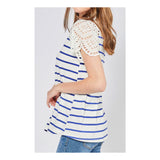 Royal Blue & White Stripe Knit Top with Eyelet Sleeves & Neckline & Keyhole Back
