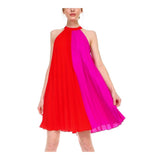 Red & Magenta Pleated Halter Dress with Bow Back