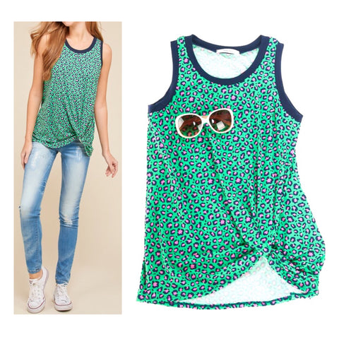 Pink Green & Navy Leopard Print Tank with Twist Knot Front