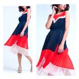 Navy White & Poppy Red Pleated Tiered Midi Dress with Banded Waist