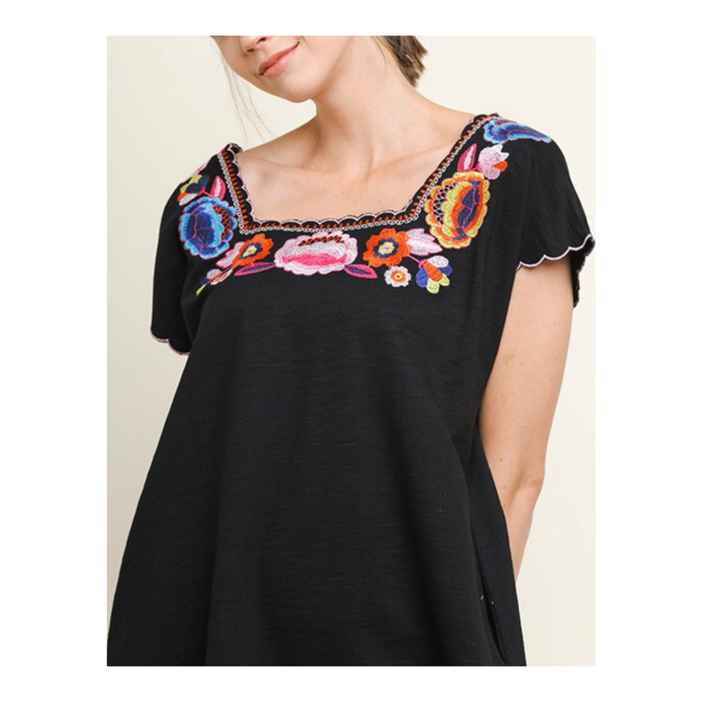 Black Embroidered Shift Dress with Scalloped Sleeves & POCKETS - James Ascher Black Embroidered Shift Dress with Scalloped Sleeves & POCKETS - James Ascher