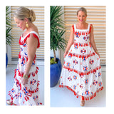 White Red Orange Pink & Blue Embroidered Tiered Maxi Dress with Tassels