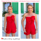 Poppy Red Bow Front Romper with Banded Waist & Peekaboo Back