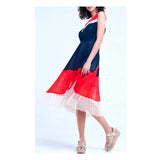 Navy White & Poppy Red Pleated Tiered Midi Dress with Banded Waist