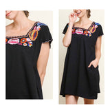 Black Embroidered Shift Dress with Scalloped Sleeves & POCKETS