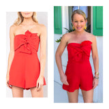 Poppy Red Bow Front Romper with Banded Waist & Peekaboo Back