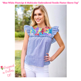 Blue White Pinstripe & Multicolor Embroidered Textile Flutter Sleeve Top with Keyhole Back