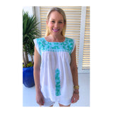 Turquoise & White Embroidered Textile Top