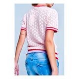 Baby Pink Open Knit Short Sleeve Sweater with Lavender & Poppy Red Banded Trim