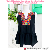 Black & Multicolor Embroidered Sleeveless Peplum Top