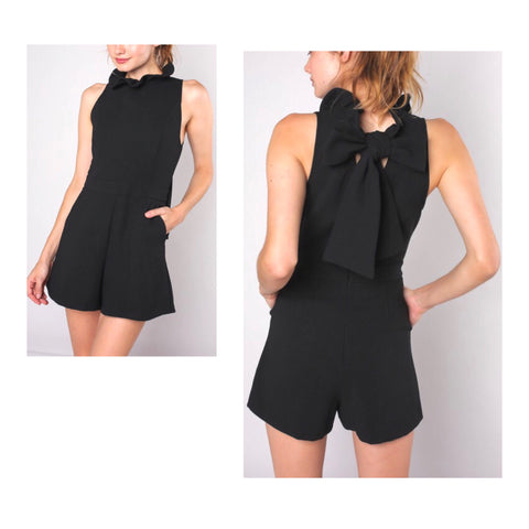 Black Ruffle Neck Romper with Bow Back & POCKETS