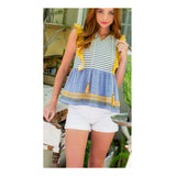 Blue Yellow Embroidered Contrast Stripe Ruffle Sleeve Babydoll Top with Tassel Ties