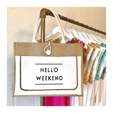 HELLO WEEKEND Structured Burlap Tote Bag