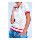 White Open Knit Short Sleeve Sweater with PINK & RED Banded Trim
