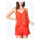 Embroidered Bright Coral & Orange Scalloped Hem Ruched Front Linen Cami (matching shorts sold separately)