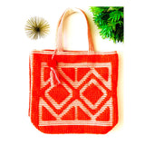Bright Neon Orange & White HAND LOOMED Textured Oversized Beach or Travel Tote