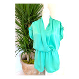 Bright Mint Faux Wrap Short Sleeve Romper with Pockets
