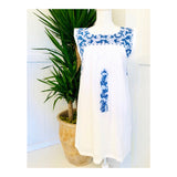 White & Cerulean Blue Embroidered Textile Dress with POCKETS