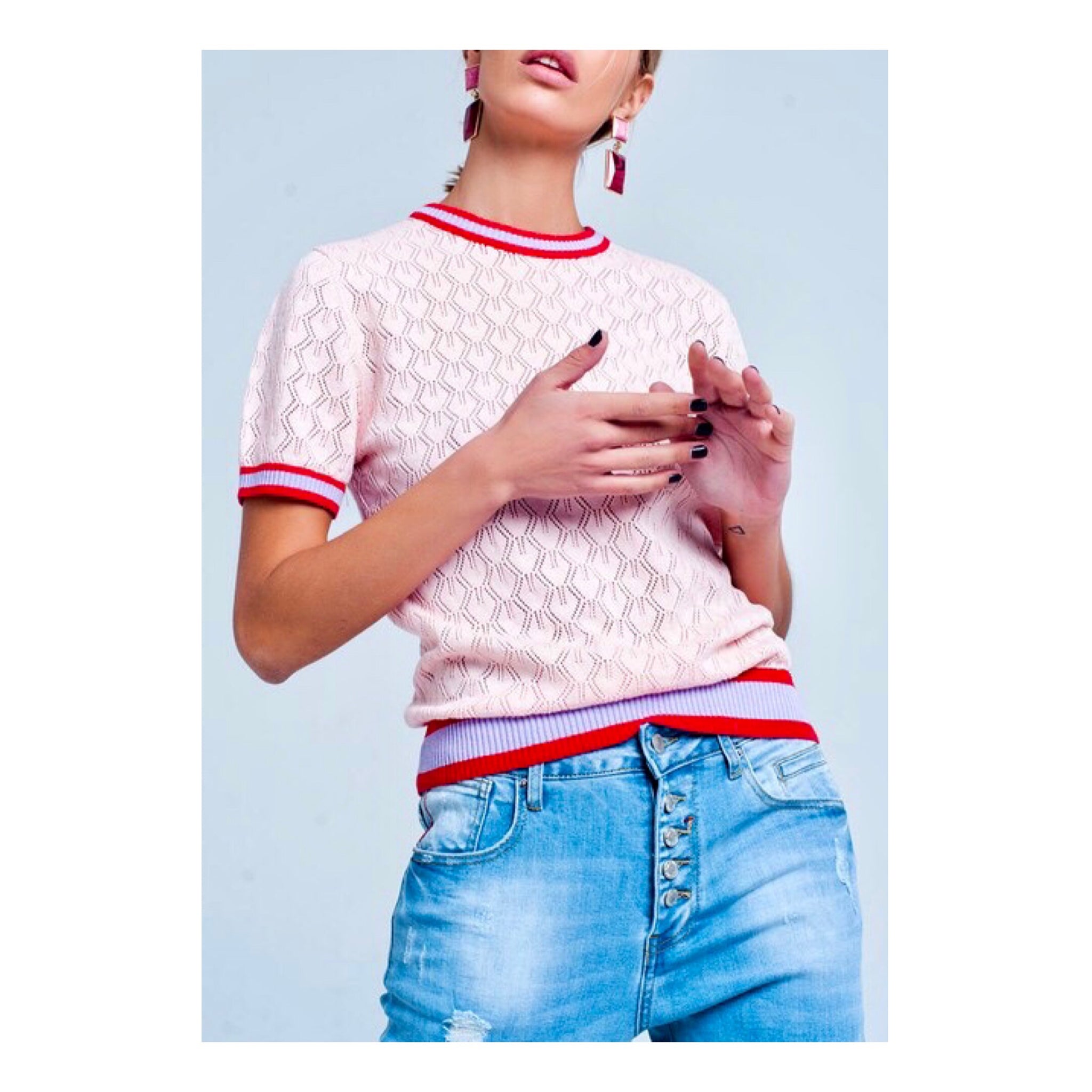 Baby Pink Open Knit Short Sleeve Sweater with Lavender