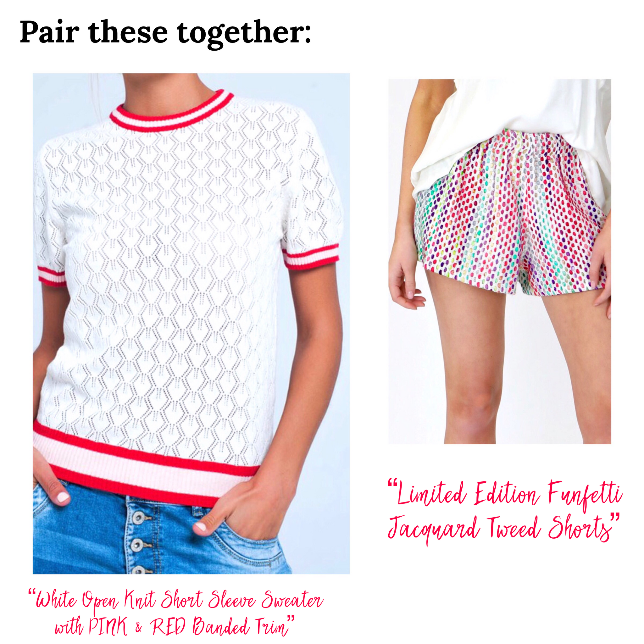 White Open Knit Short Sleeve Sweater with PINK & RED Banded