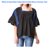 Black & Royal Blue Embroidered Bell Sleeve Peasant Top