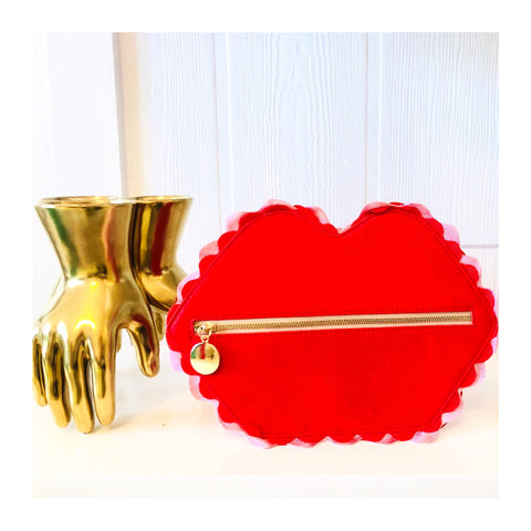 Red Scalloped Vegan Leather Lips Pouch Clutch with Pink Ric Rac Trim & Gold Hardware