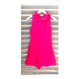 Hot Pink Ruffle Neck Romper with Bow Back & POCKETS